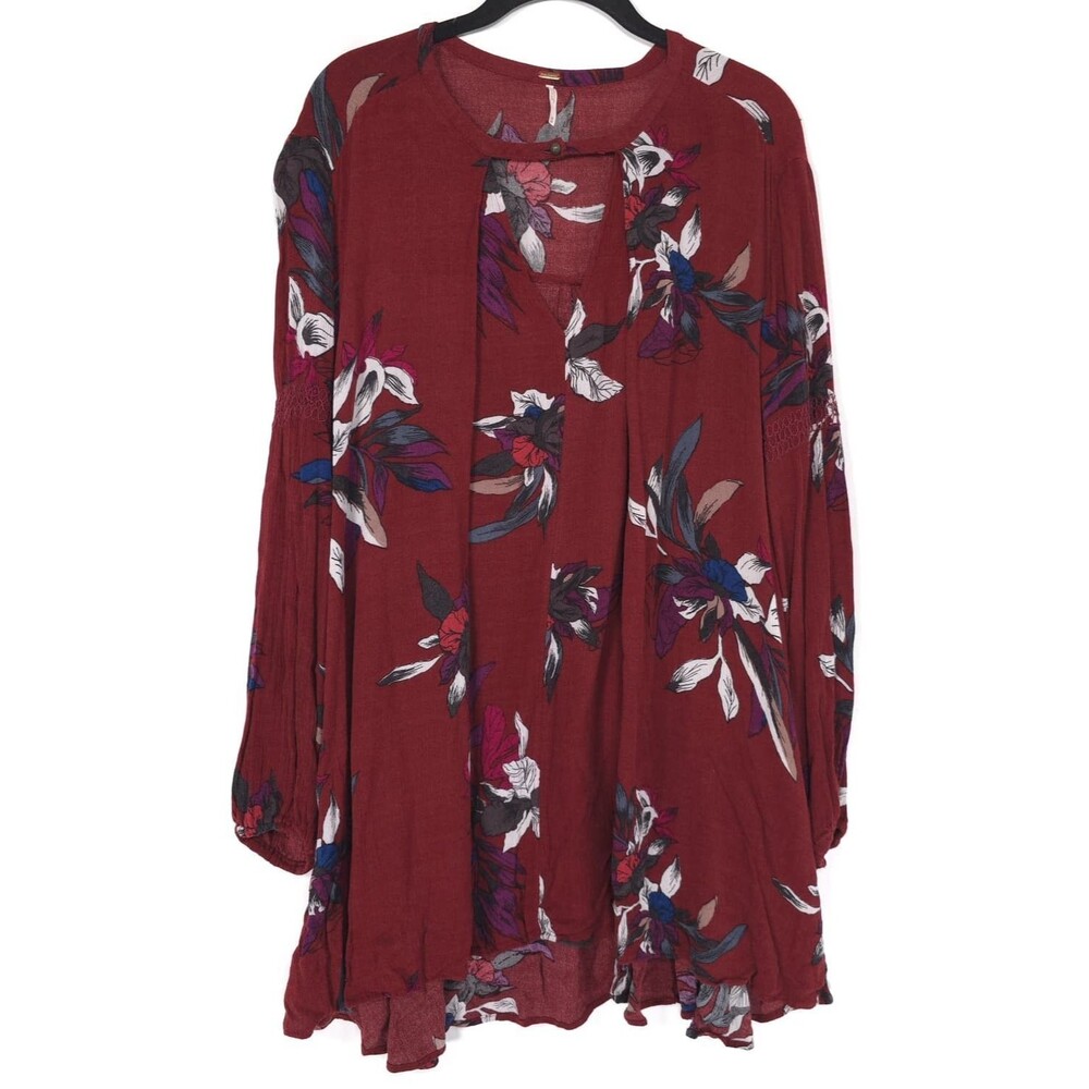 FREE PEOPLE Women's MEDIUM Swing Dress Burgundy Floral Orchid Boho Electric
